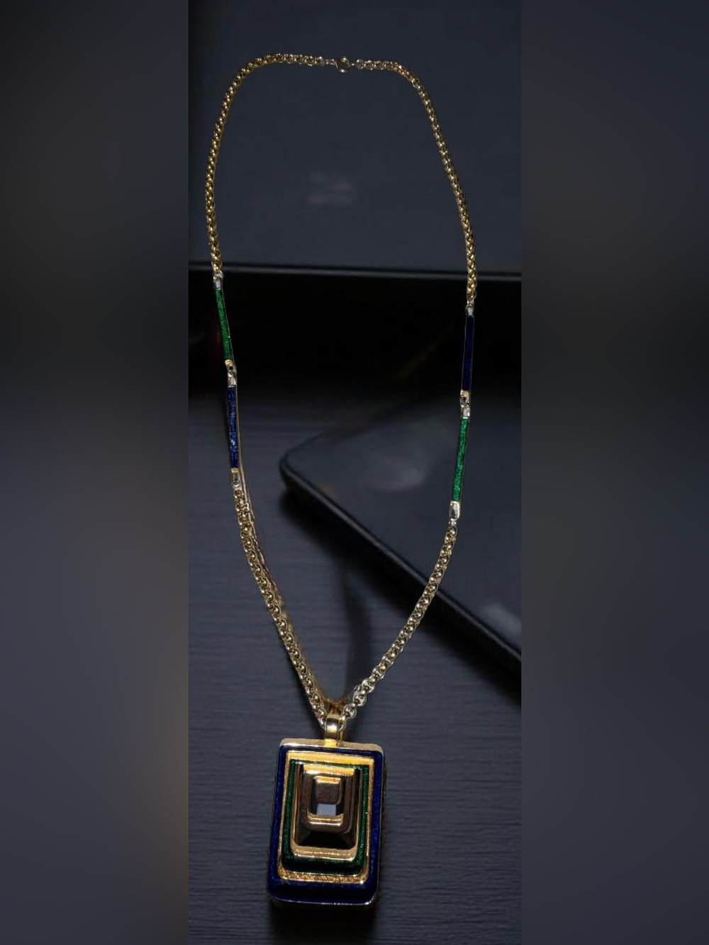 Gold Chain Statement Necklace with Blue and Green Enamel Accents Stamped D.G.